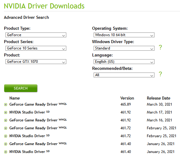 nvidia drivers older versions